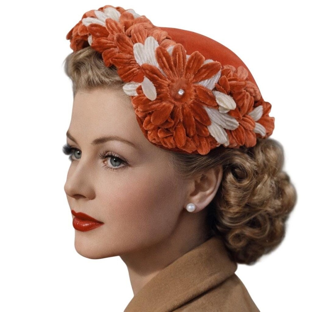 Vintage 1940's Millinery Burnt Orange and Cream Velvet and Rhinestone Floral Hat